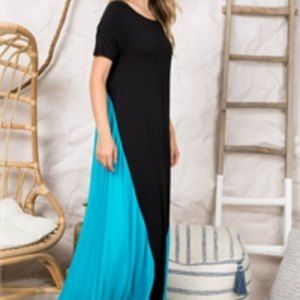 Miracle Berry Small Short Seeve O’ Neck Long Maxi Fit Flare Teal Black Dress